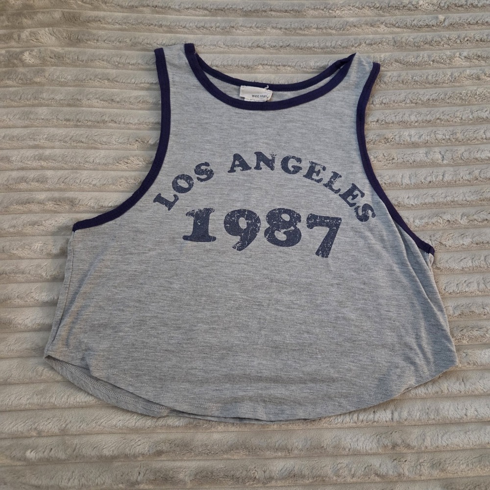 Y2K Wet Seal Women's Crop Tank Top Size XS Gray Los Angeles 1987 Graphic